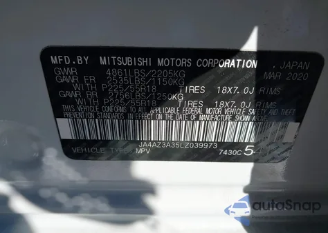 2020 Mitsubishi Outlander Se 2.4 S-Awc z USA, uszkodzony, nr VIN JA4AZ3A35LZ039973